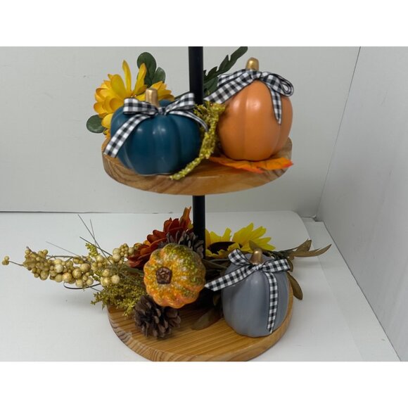 Fall Mini Pumpkins Set Orange Gray Teal with Gingham Bow Farmhouse Tiered Tray - Picture 7 of 11
